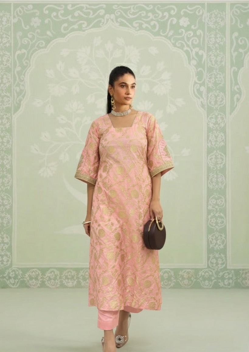 Gold and Pink Banarasi Silk Top With Modal Satin Bottom With Embroidered Patch Work