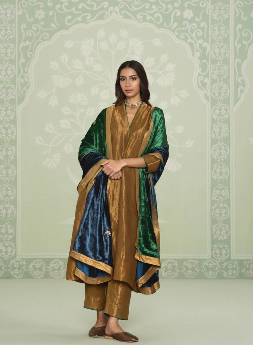 Mustard Velvet Set With Beautiful Peacock Green & Blue Constrasted Dupatta