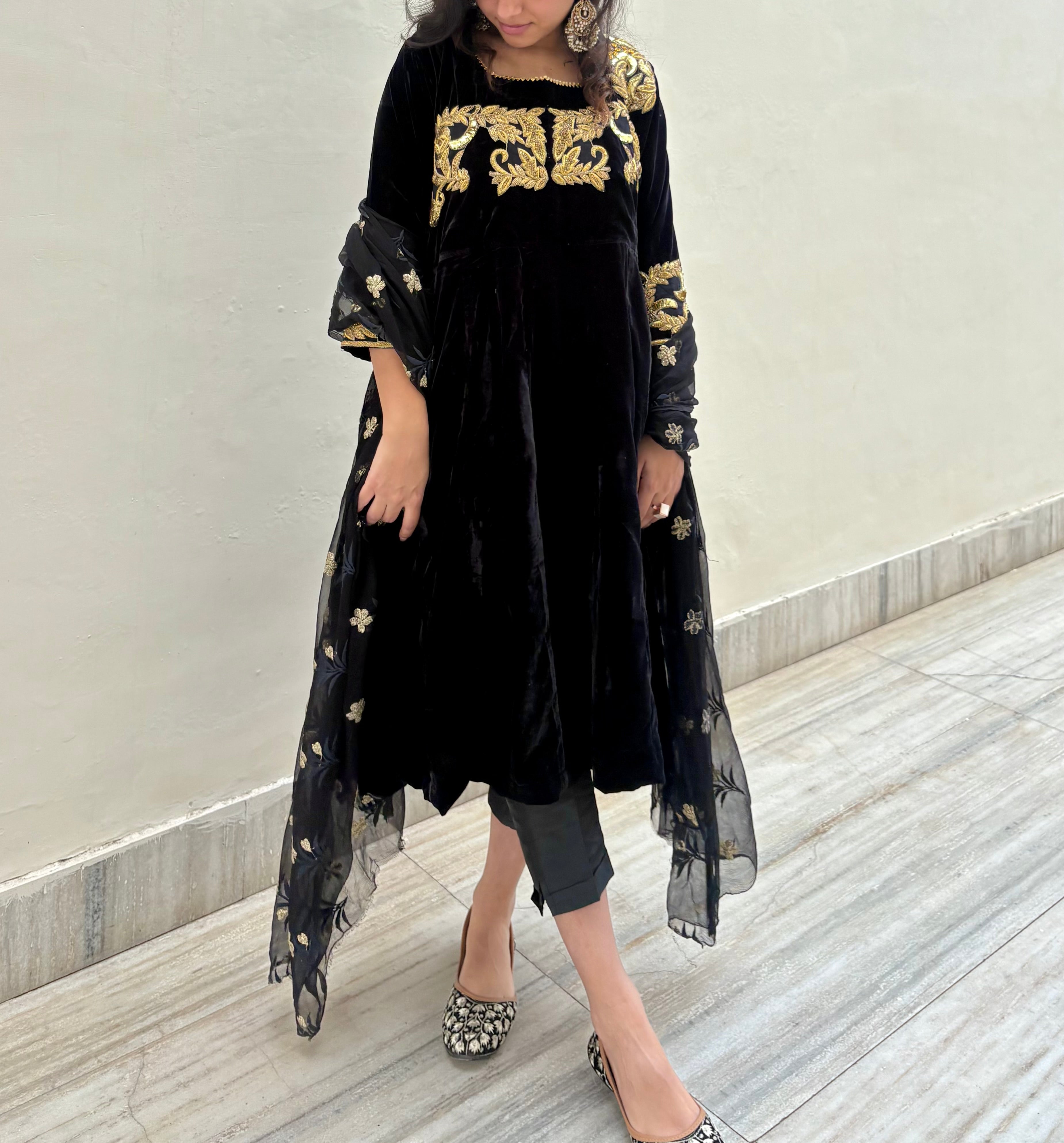 Embroidered Velvet Anarkali With Silk Bottoms Paired With Organza Dupatta