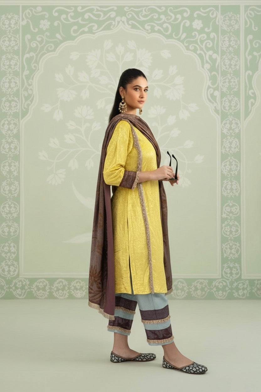 Beautifully Contrasted Sunlight Yellow Makhmal Velvet Top With Green Striped Bottom and Brown Silk Dupatta