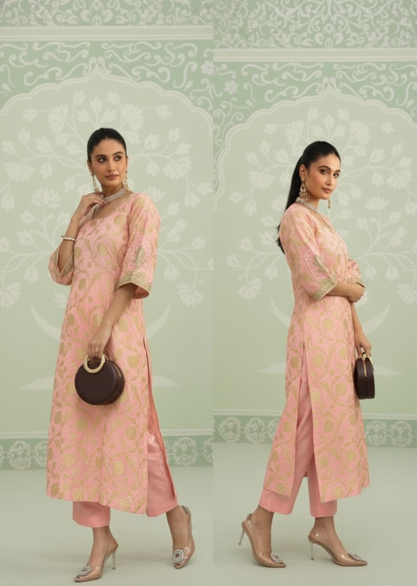 Gold and Pink Banarasi Silk Top With Modal Satin Bottom With Embroidered Patch Work