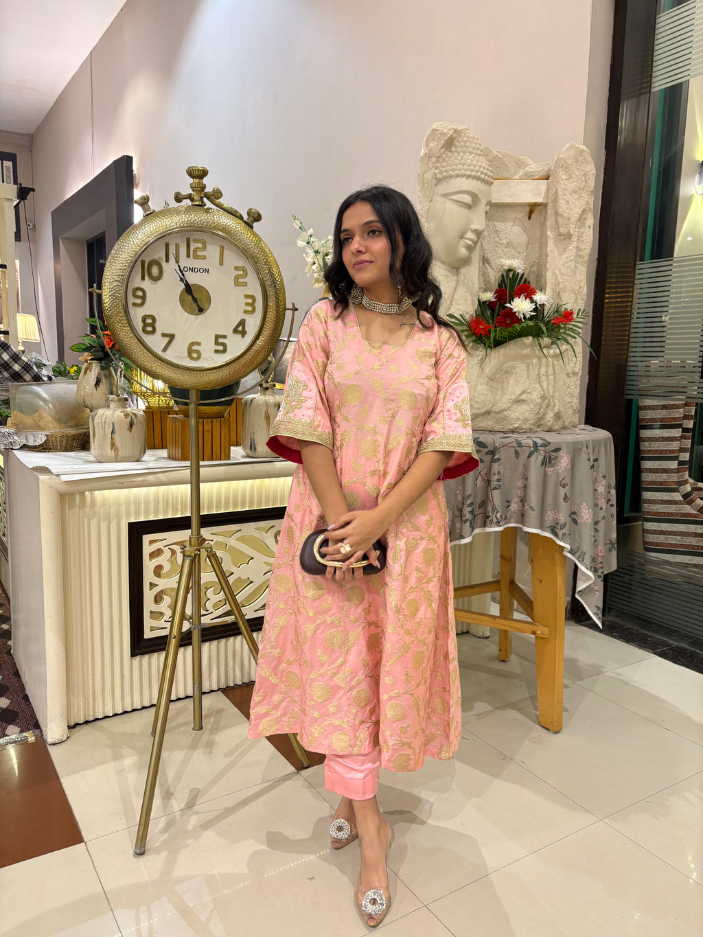 Gold and Pink Banarasi Silk Top With Modal Satin Bottom With Embroidered Patch Work