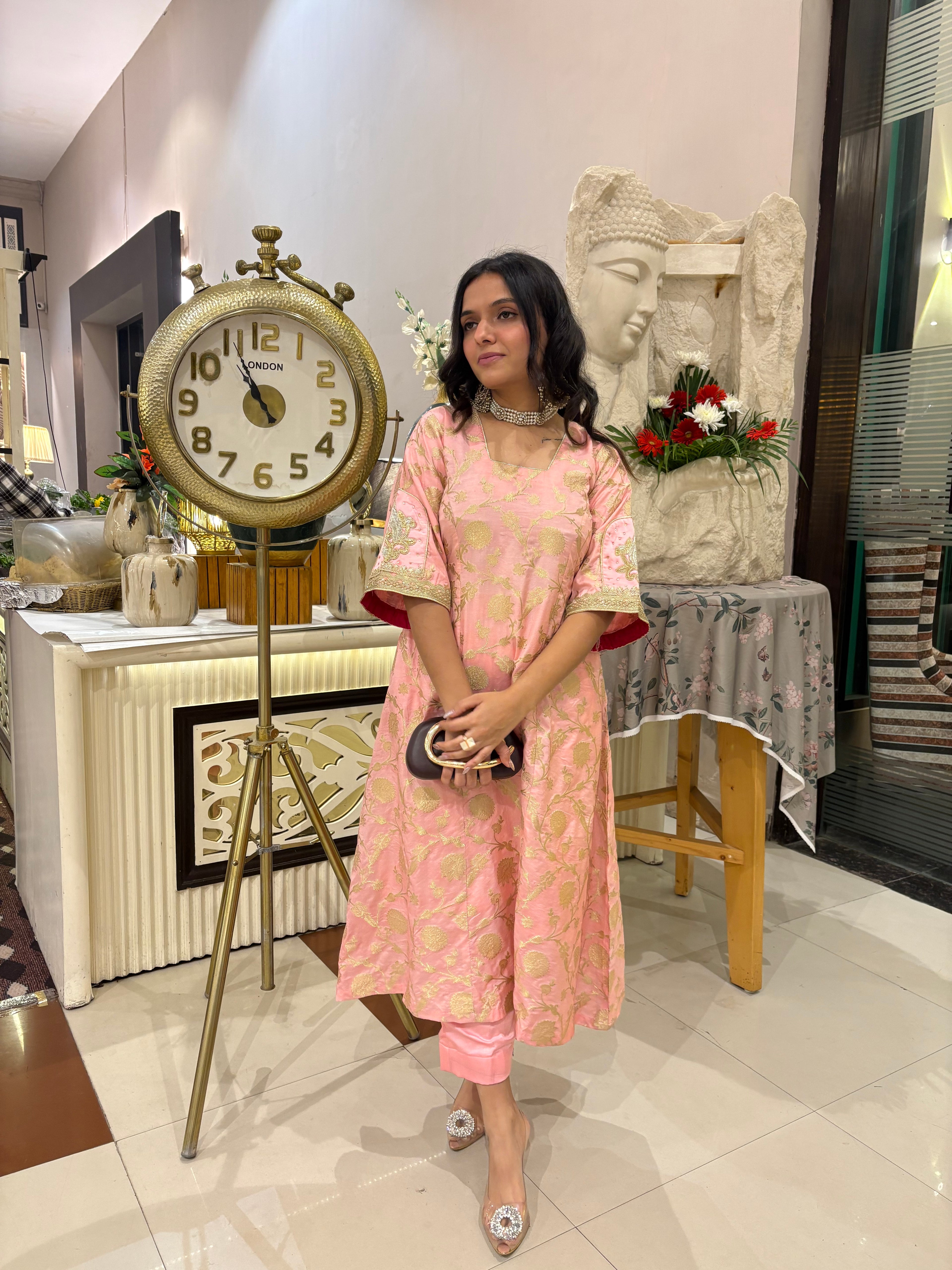 Gold and Pink Banarasi Silk Top With Modal Satin Bottom With Embroidered Patch Work