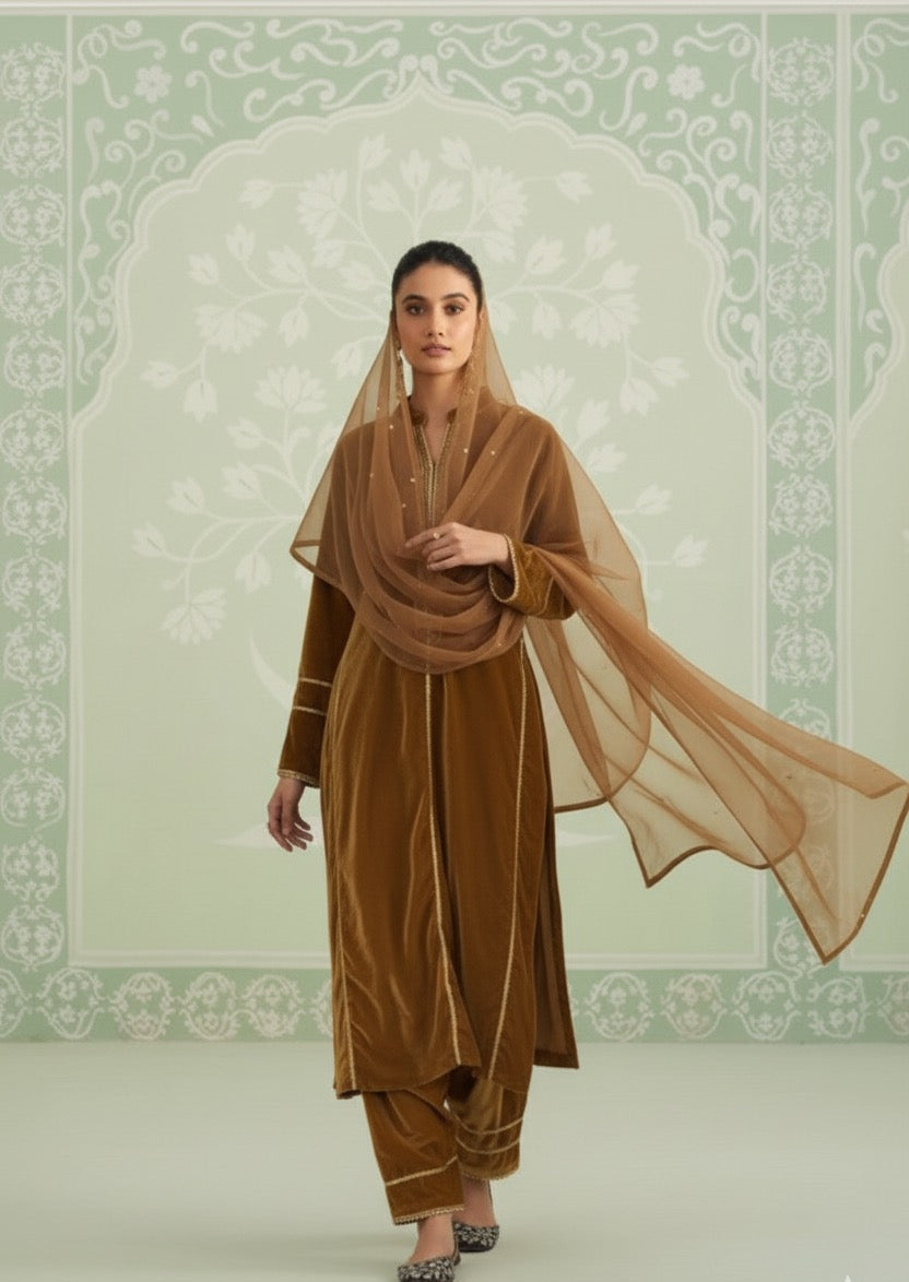 Mustard Velvet Set With Beautiful Peacock Green & Blue Constrasted Dupatta