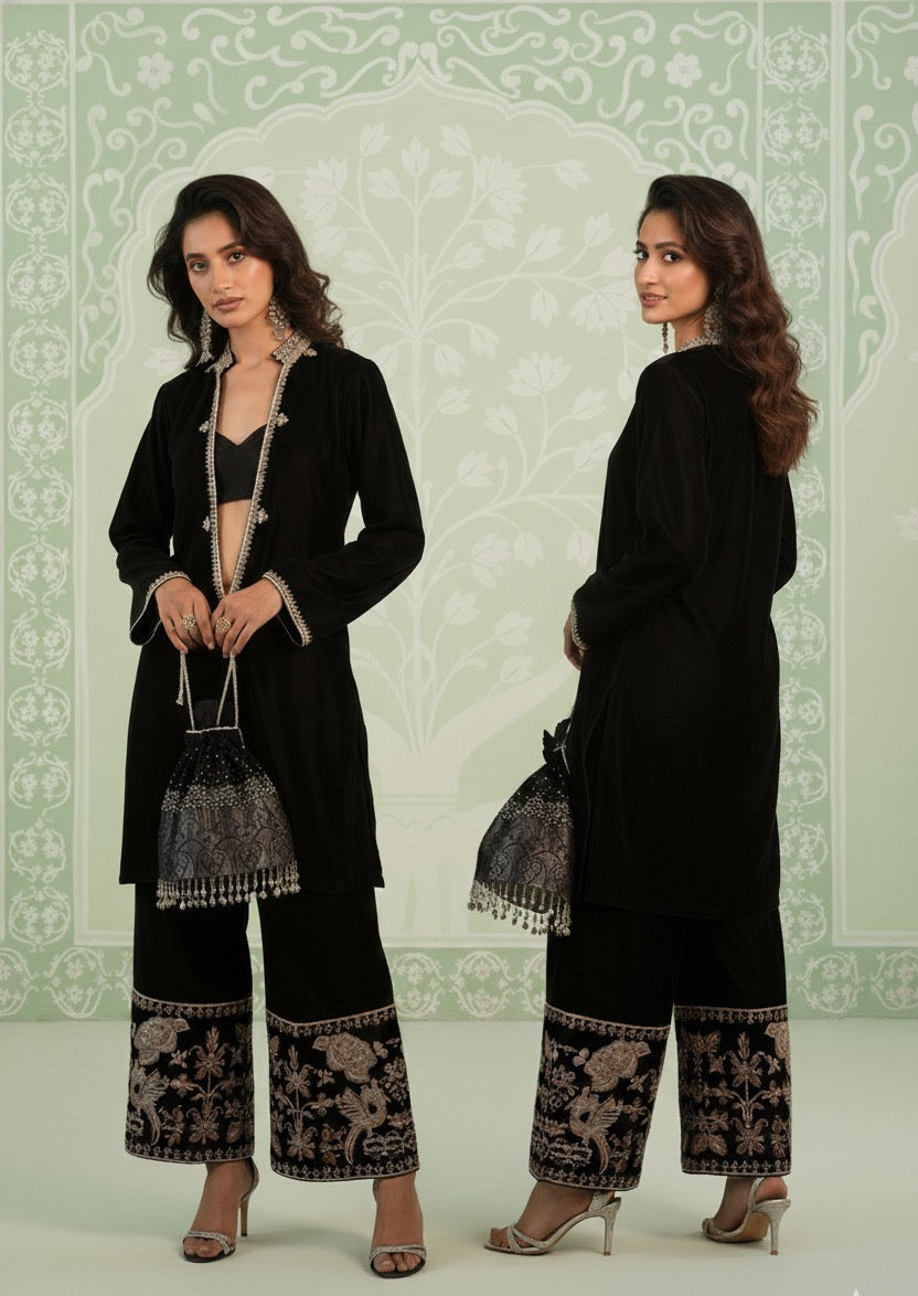 Beautiful Black 3 Piece Formal Outfit in Embroidered Bottom and Bustier With A Velvet Cape