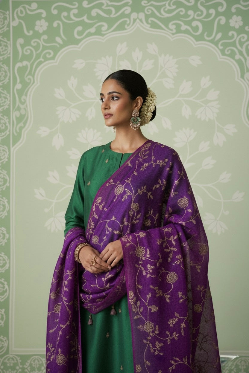 Silk Three Piece Suit With Pure Mushroo Silk Dupatta