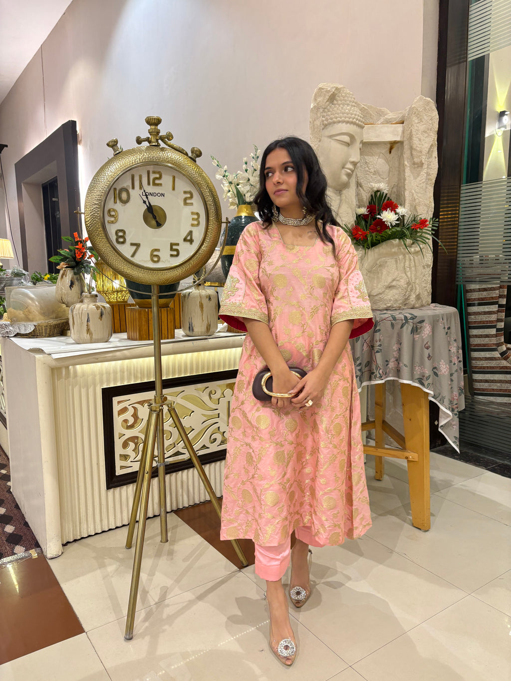 Gold and Pink Banarasi Silk Top With Modal Satin Bottom With Embroidered Patch Work