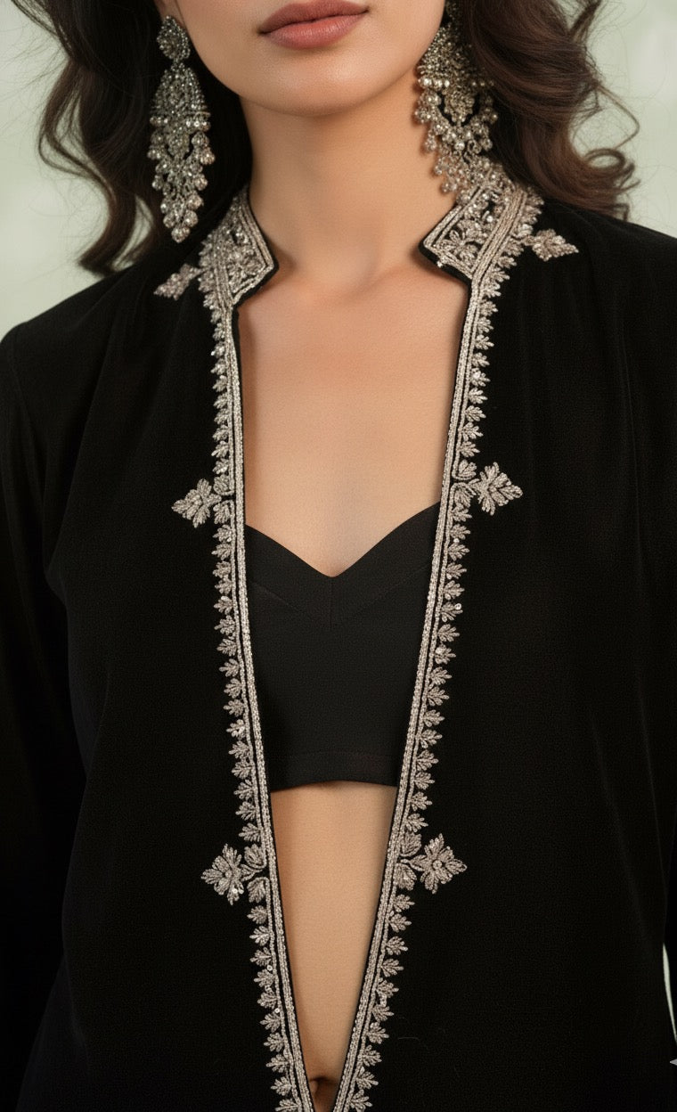 Beautiful Black 3 Piece Formal Outfit in Embroidered Bottom and Bustier With A Velvet Cape