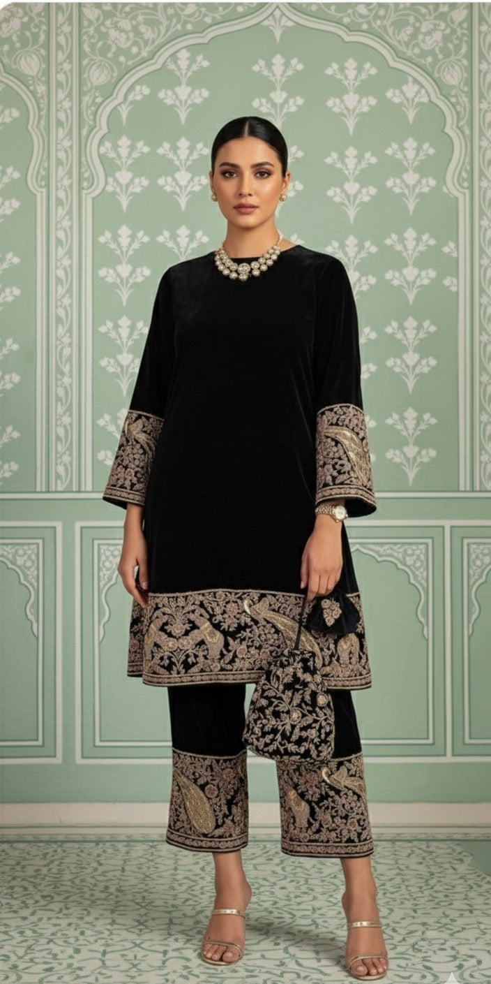 Navy Blue Velvet Top and Bottom With Embroidery and Matte Gold Embossed Print