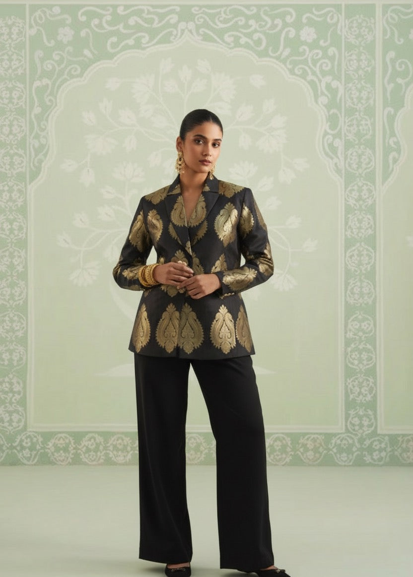 Black Brocade Blazer With Gold Embossed Printing