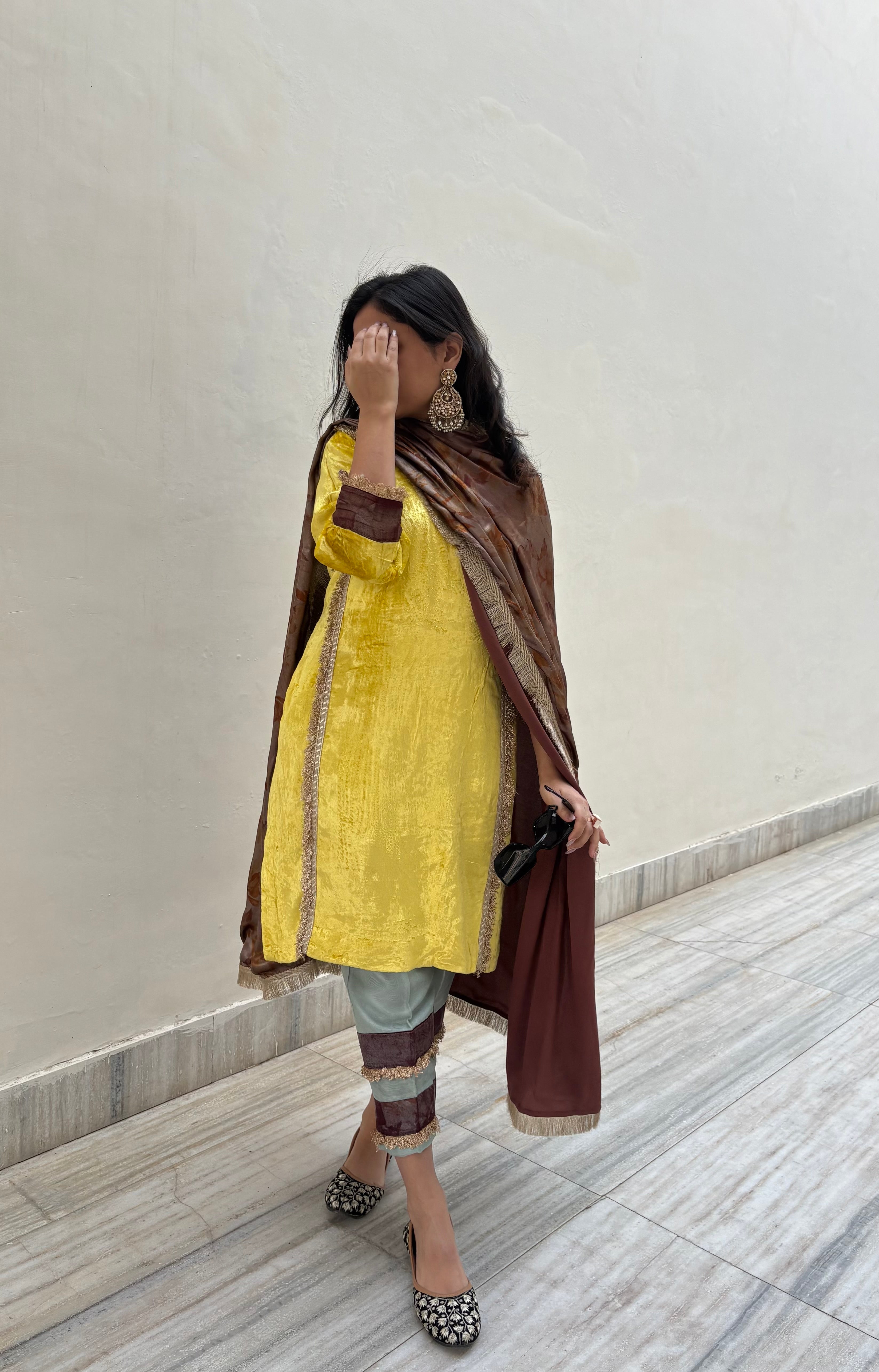 Beautifully Contrasted Sunlight Yellow Makhmal Velvet Top With Green Striped Bottom and Brown Silk Dupatta
