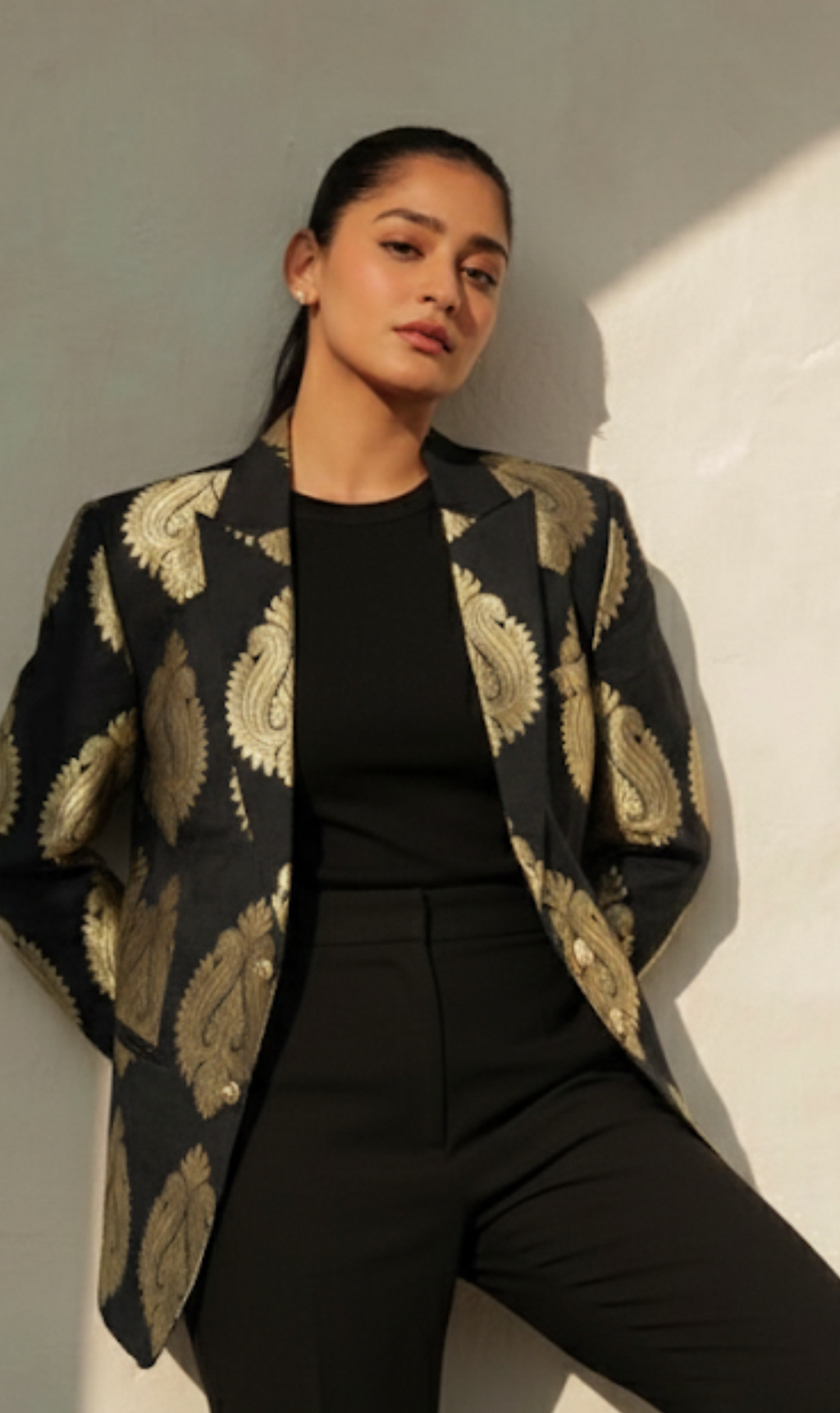 Black Brocade Blazer With Gold Embossed Printing