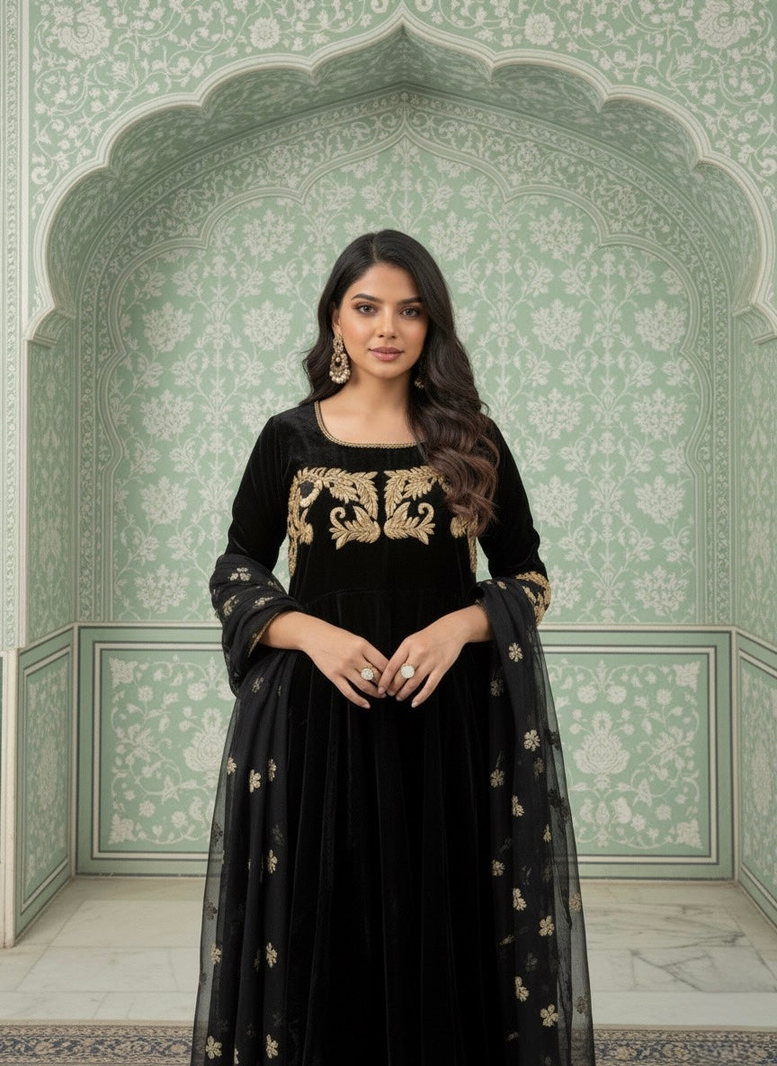 Embroidered Velvet Anarkali With Silk Bottoms Paired With Organza Dupatta