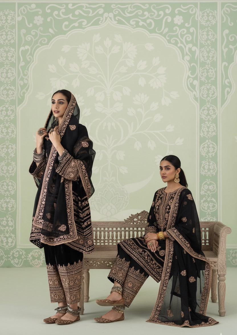 Silk Embroidered Velvet Shirt With Embroidered Bottoms Paired With Organza Dupatta