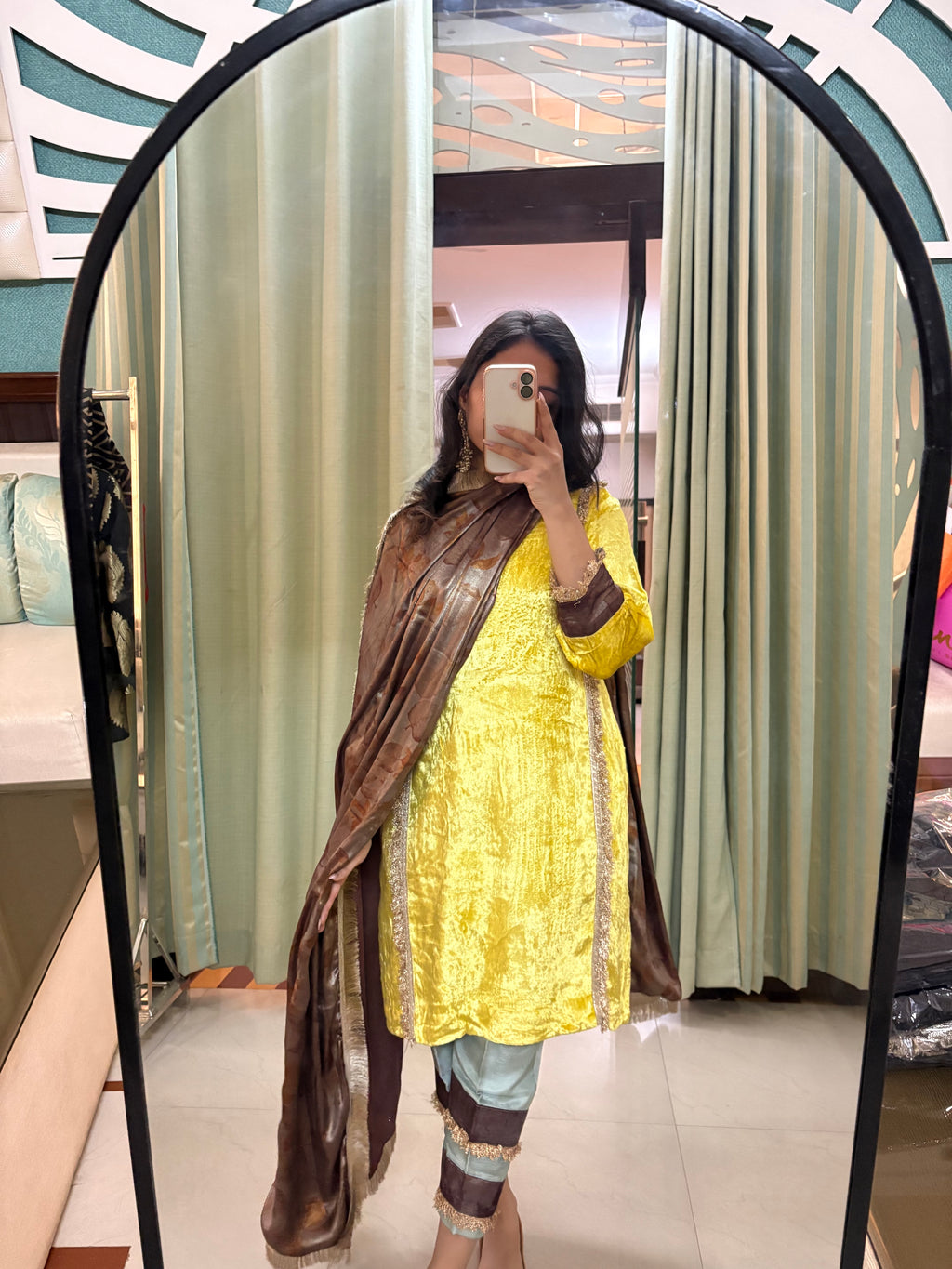 Beautifully Contrasted Sunlight Yellow Makhmal Velvet Top With Green Striped Bottom and Brown Silk Dupatta