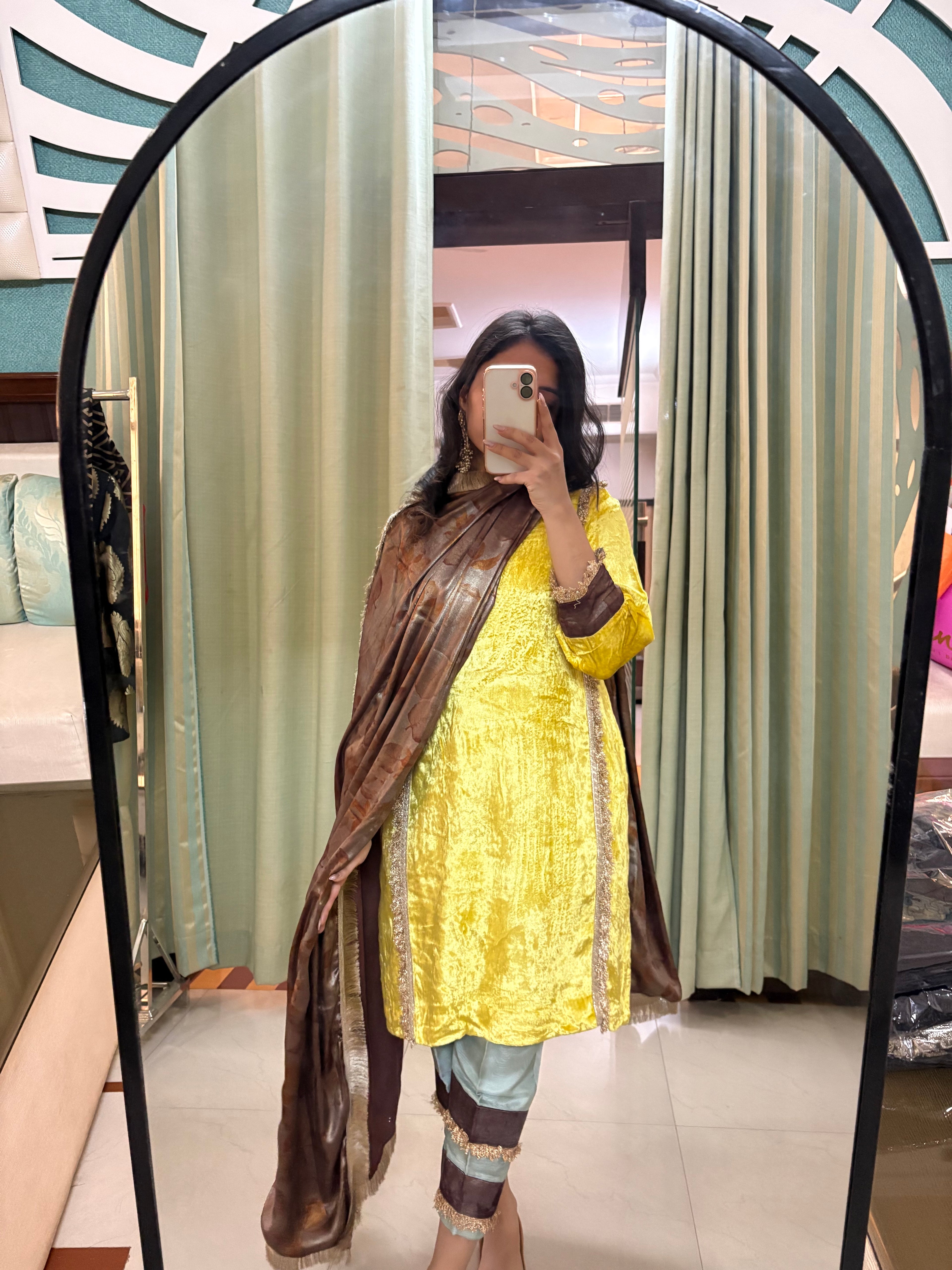 Beautifully Contrasted Sunlight Yellow Makhmal Velvet Top With Green Striped Bottom and Brown Silk Dupatta
