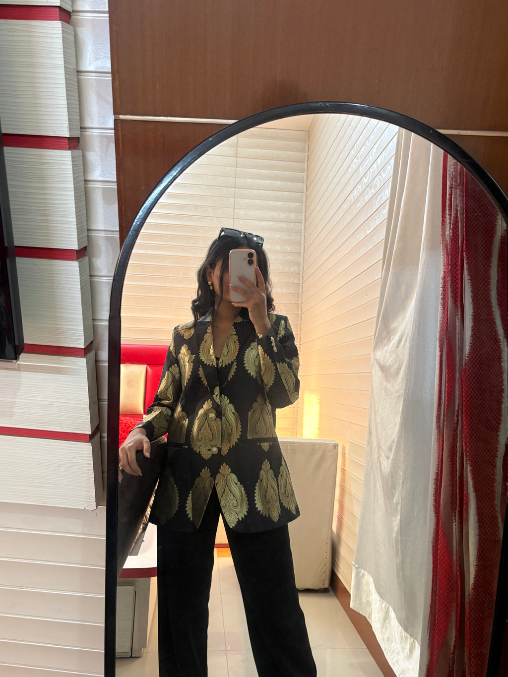 Black Brocade Blazer With Gold Embossed Printing