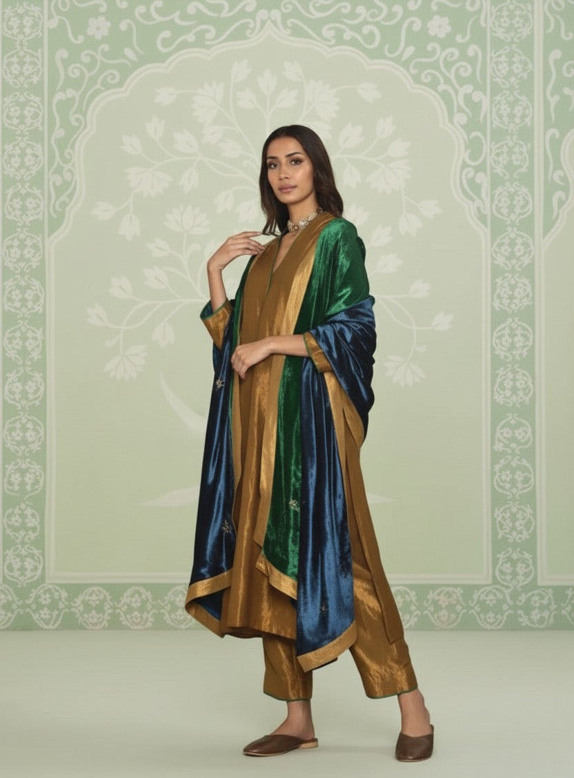 Mustard Velvet Set With Beautiful Peacock Green & Blue Constrasted Dupatta