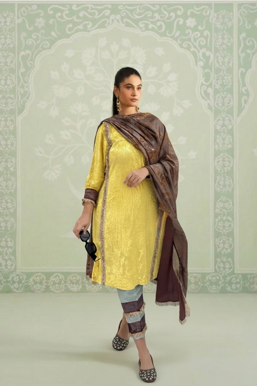 Beautifully Contrasted Sunlight Yellow Makhmal Velvet Top With Green Striped Bottom and Brown Silk Dupatta
