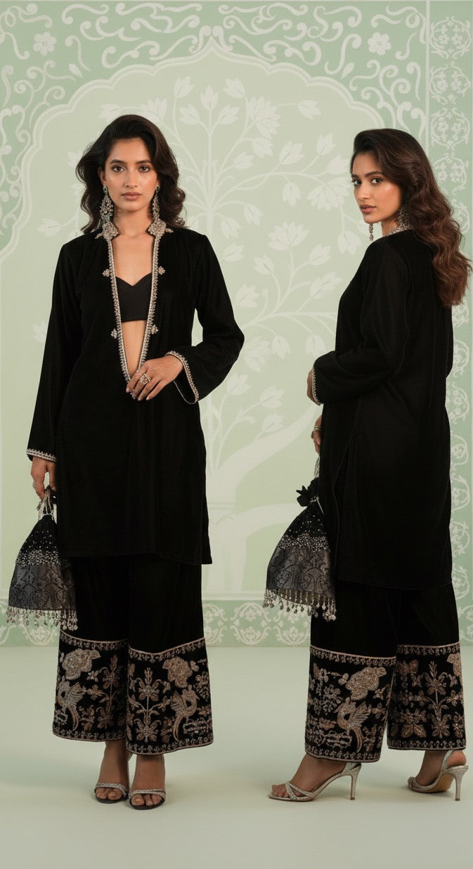 Beautiful Black 3 Piece Formal Outfit in Embroidered Bottom and Bustier With A Velvet Cape