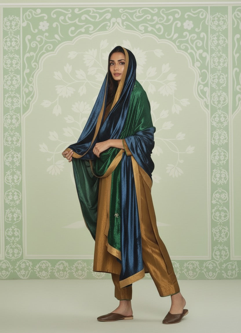 Mustard Velvet Set With Beautiful Peacock Green & Blue Constrasted Dupatta