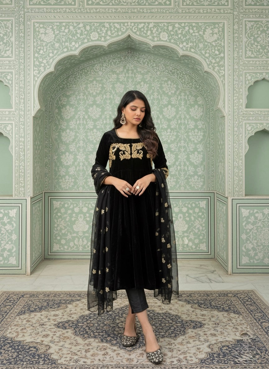 Embroidered Velvet Anarkali With Silk Bottoms Paired With Organza Dupatta