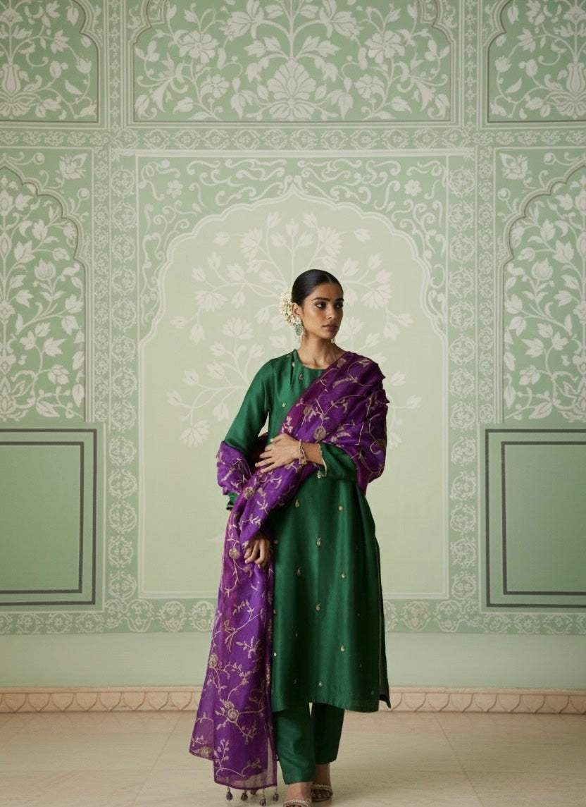 Silk Three Piece Suit With Pure Mushroo Silk Dupatta
