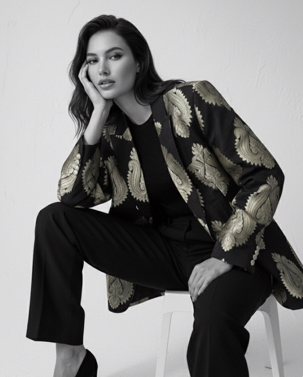 Black Brocade Blazer With Gold Embossed Printing