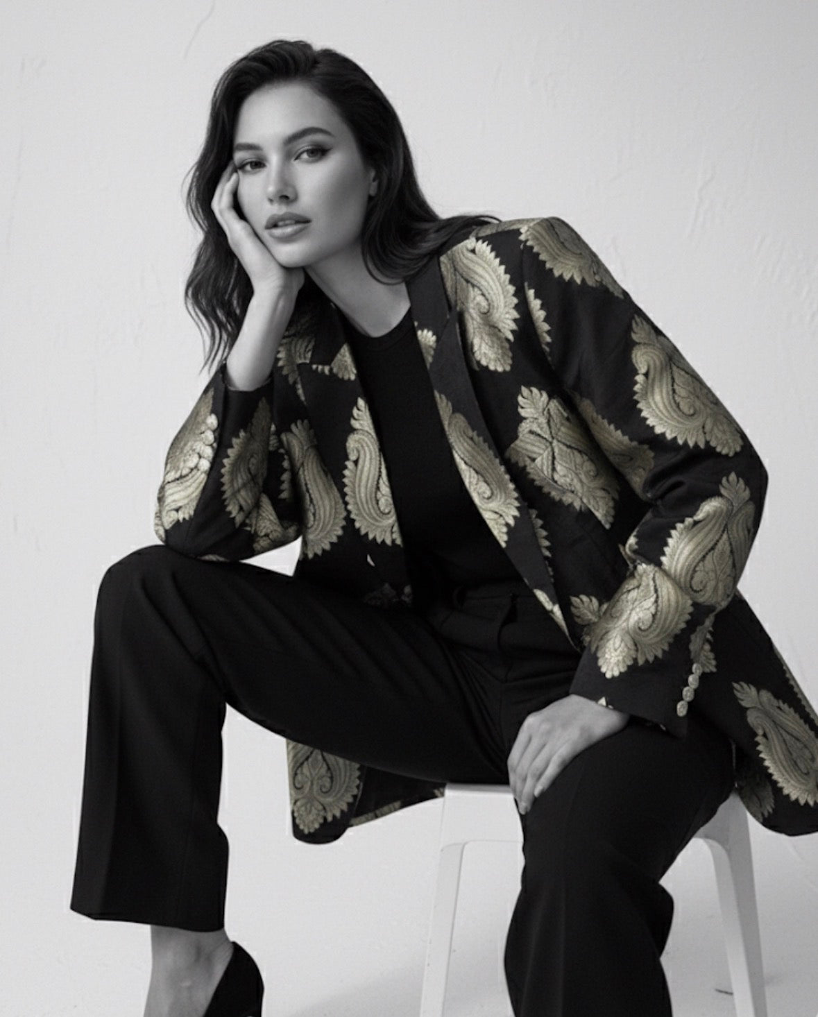 Black Brocade Blazer With Gold Embossed Printing