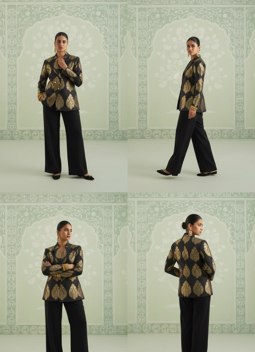 Black Brocade Blazer With Gold Embossed Printing