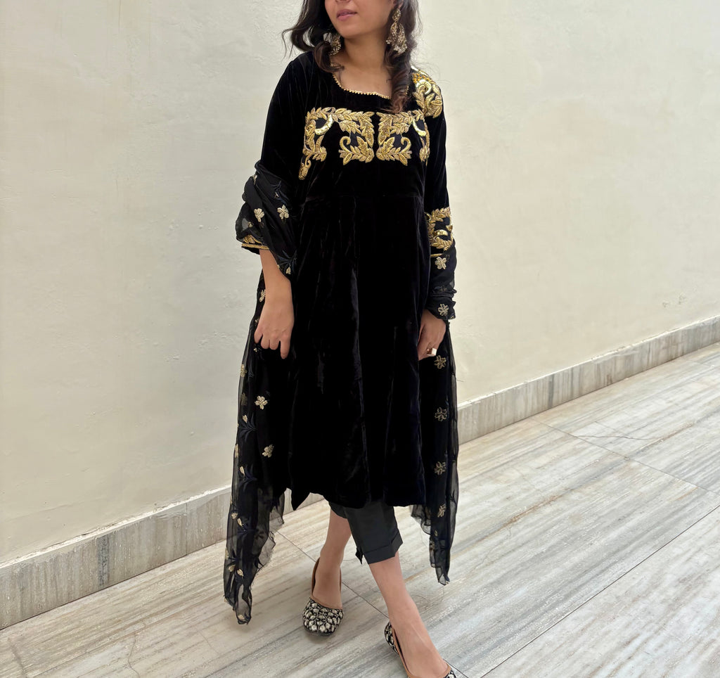 Embroidered Velvet Anarkali With Silk Bottoms Paired With Organza Dupatta