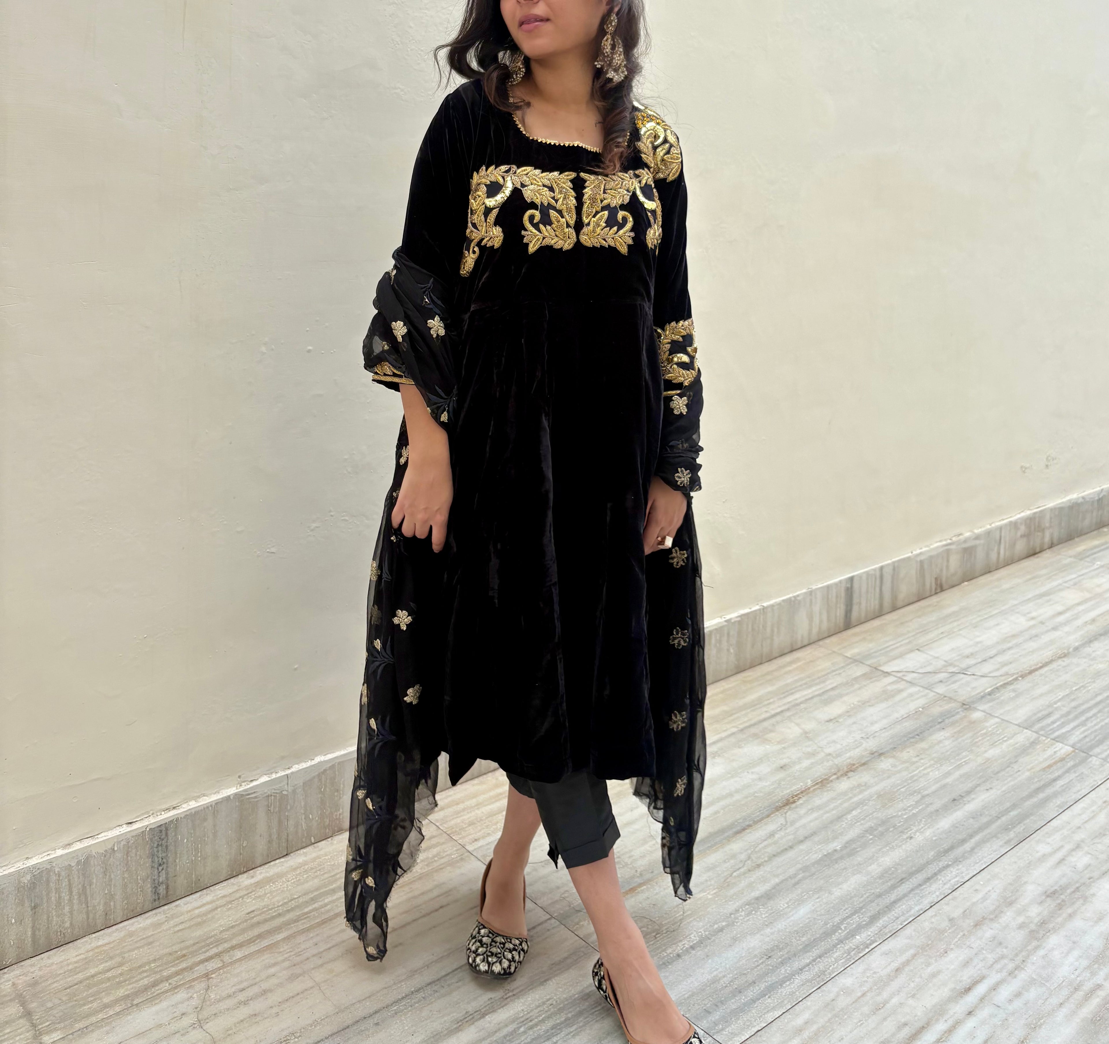 Embroidered Velvet Anarkali With Silk Bottoms Paired With Organza Dupatta