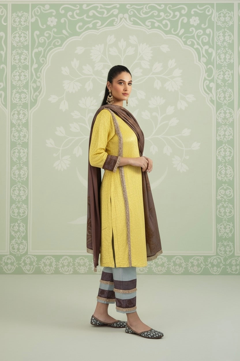Beautifully Contrasted Sunlight Yellow Makhmal Velvet Top With Green Striped Bottom and Brown Silk Dupatta