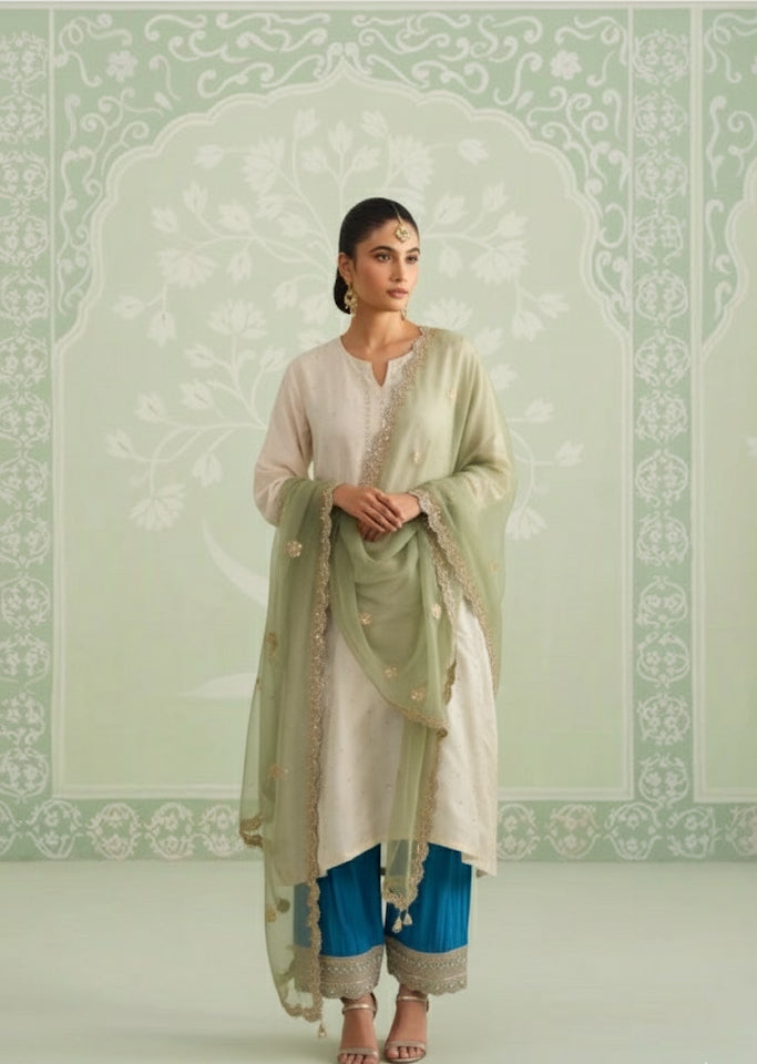 Triple-contrasted Georgette Top & Pants Contrasted With Pure Organza Dupatta With Booti Work