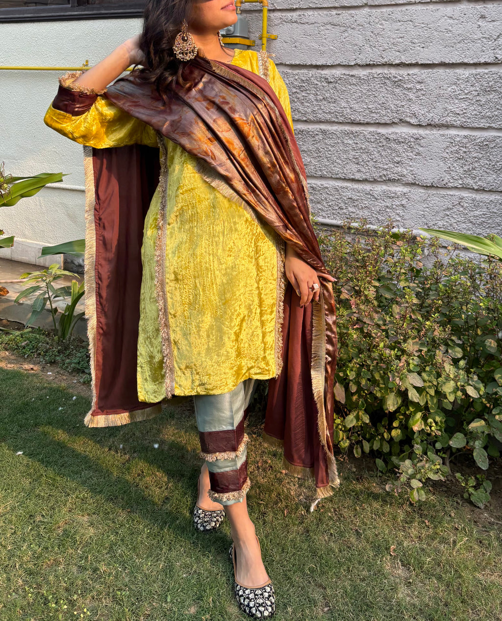 Beautifully Contrasted Sunlight Yellow Makhmal Velvet Top With Green Striped Bottom and Brown Silk Dupatta