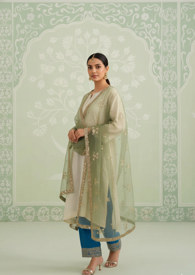 Triple-contrasted Georgette Top & Pants Contrasted With Pure Organza Dupatta With Booti Work