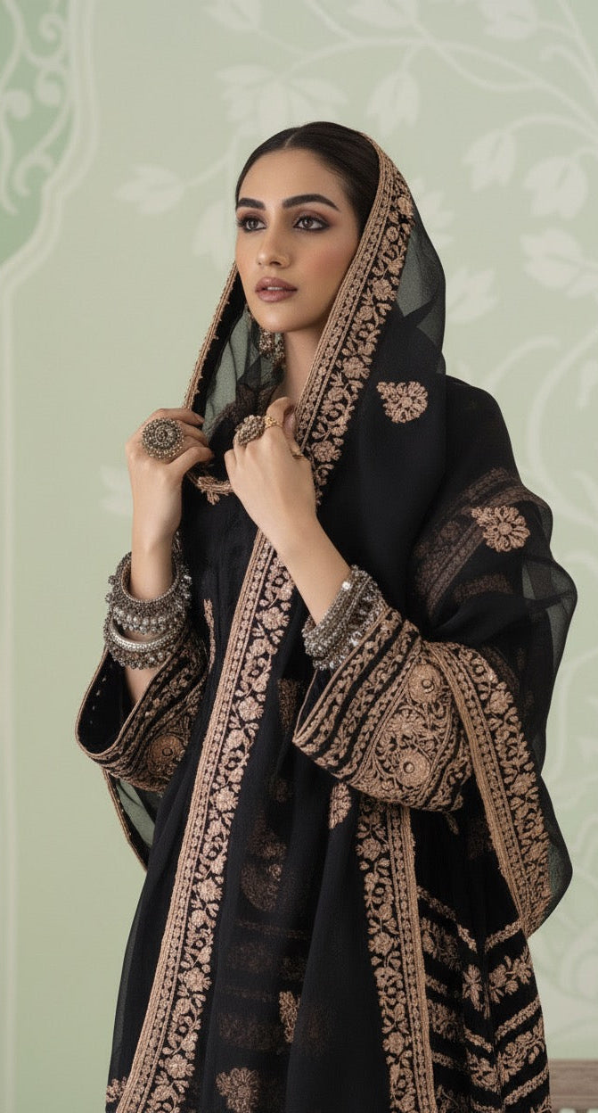 Silk Embroidered Velvet Shirt With Embroidered Bottoms Paired With Organza Dupatta