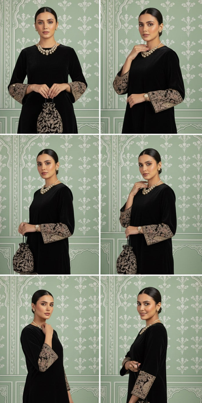 Navy Blue Velvet Top and Bottom With Embroidery and Matte Gold Embossed Print