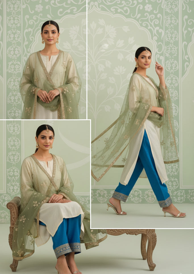 Triple-contrasted Georgette Top & Pants Contrasted With Pure Organza Dupatta With Booti Work