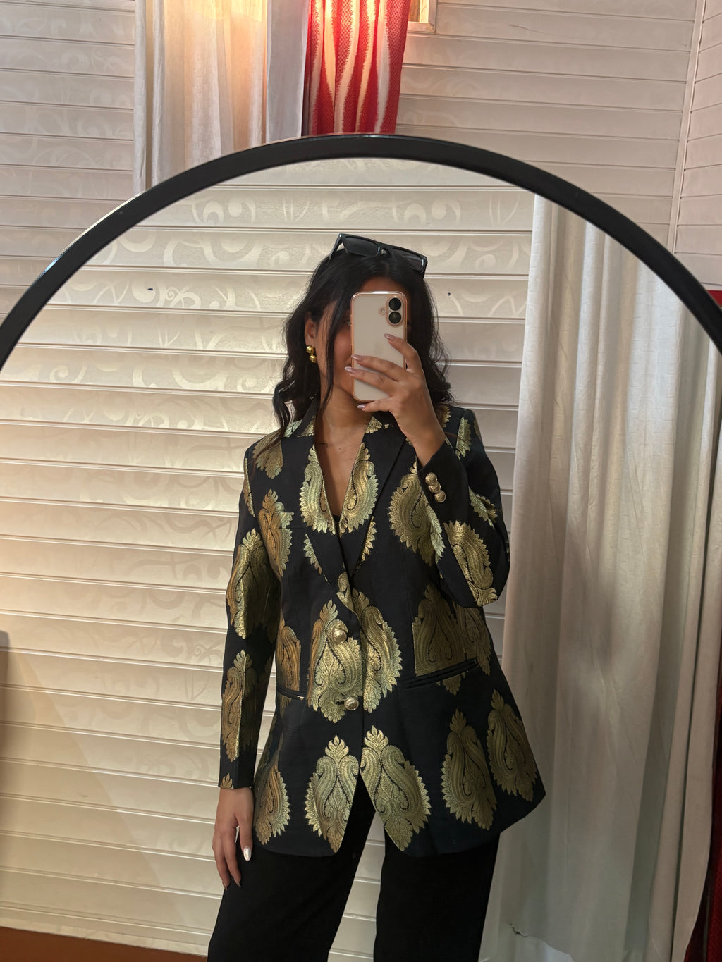 Black Brocade Blazer With Gold Embossed Printing