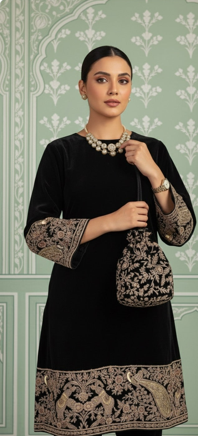 Navy Blue Velvet Top and Bottom With Embroidery and Matte Gold Embossed Print