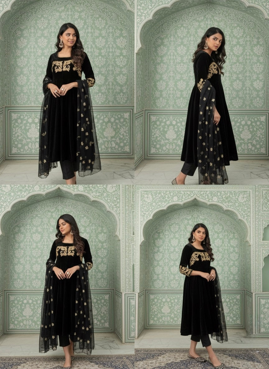 Embroidered Velvet Anarkali With Silk Bottoms Paired With Organza Dupatta