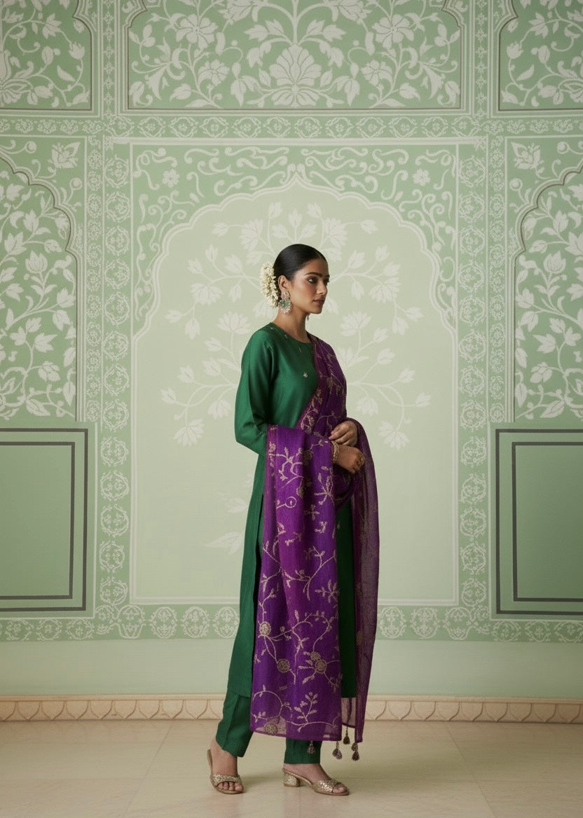 Silk Three Piece Suit With Pure Mushroo Silk Dupatta