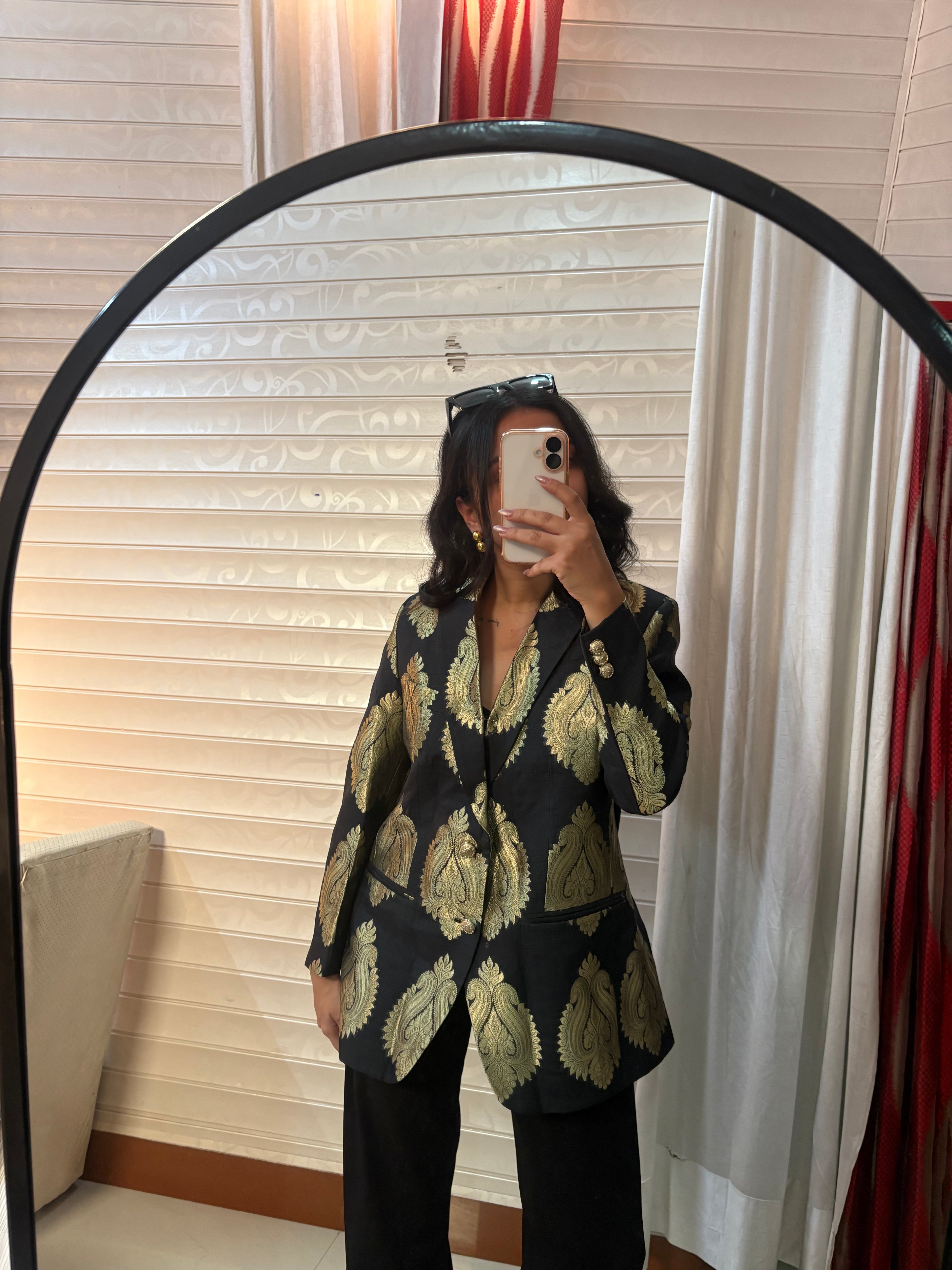 Black Brocade Blazer With Gold Embossed Printing