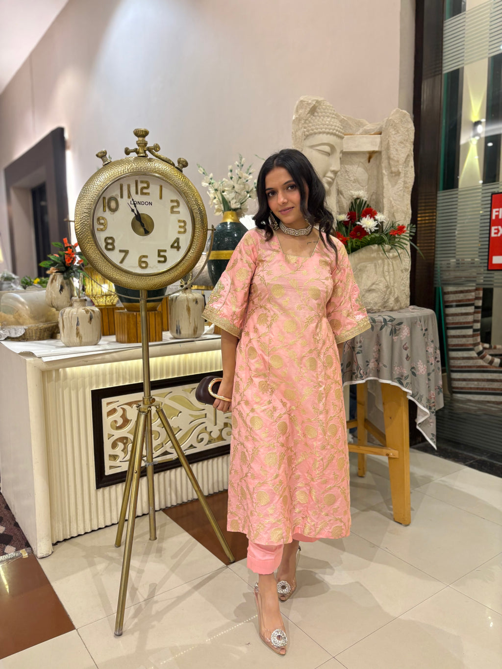 Gold and Pink Banarasi Silk Top With Modal Satin Bottom With Embroidered Patch Work