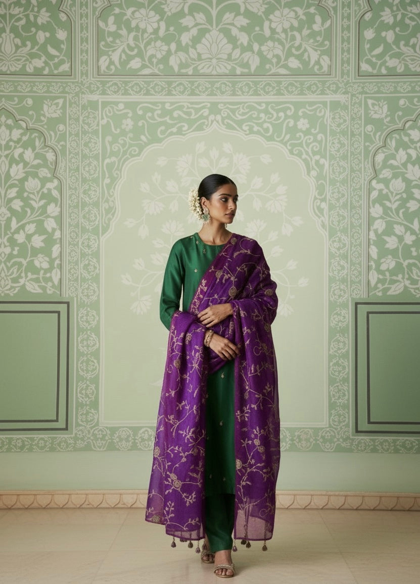 Silk Three Piece Suit With Pure Mushroo Silk Dupatta