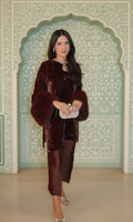 Beautiful Plush Emerald Silk Velvet Top with Silk Bottom Fusioned With Fur Sleeves and Pearl Detailing
