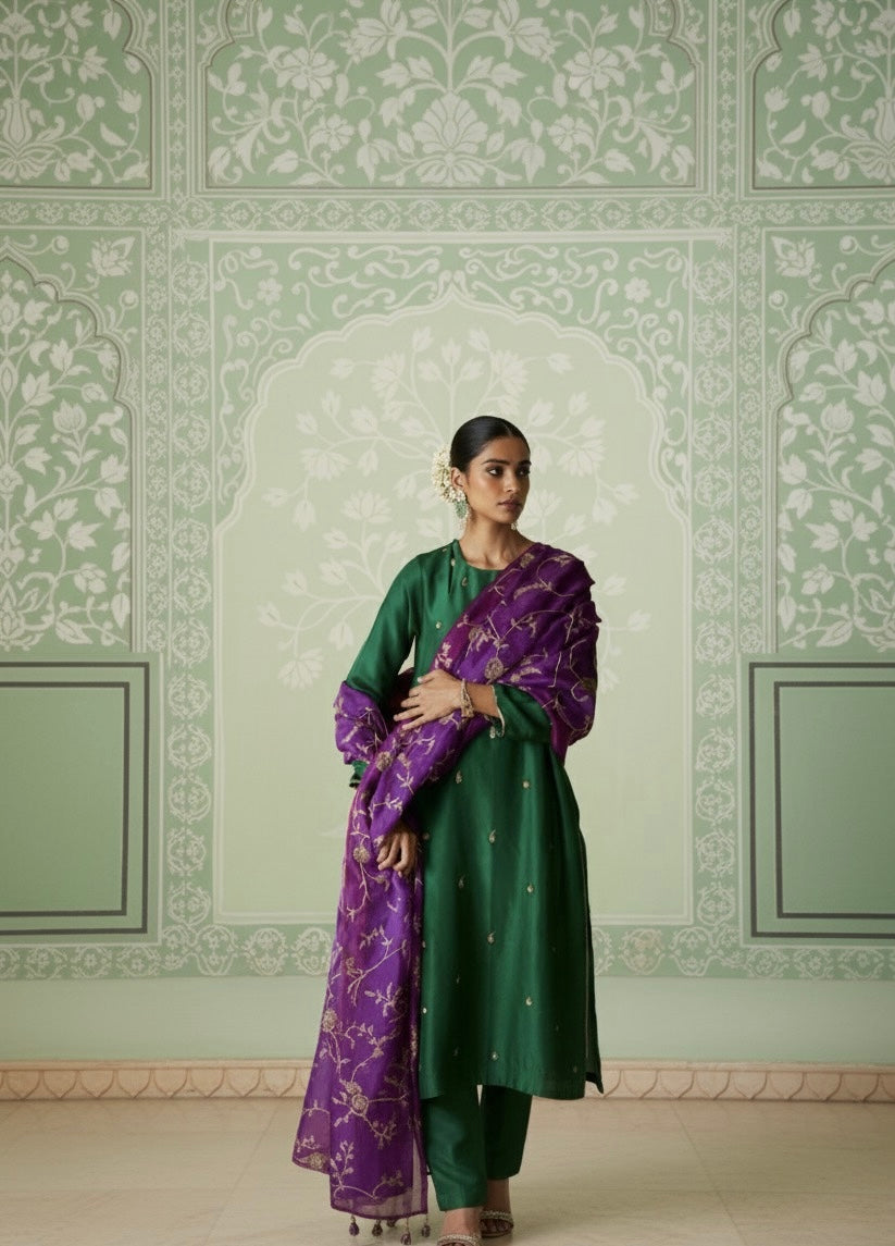 Silk Three Piece Suit With Pure Mushroo Silk Dupatta