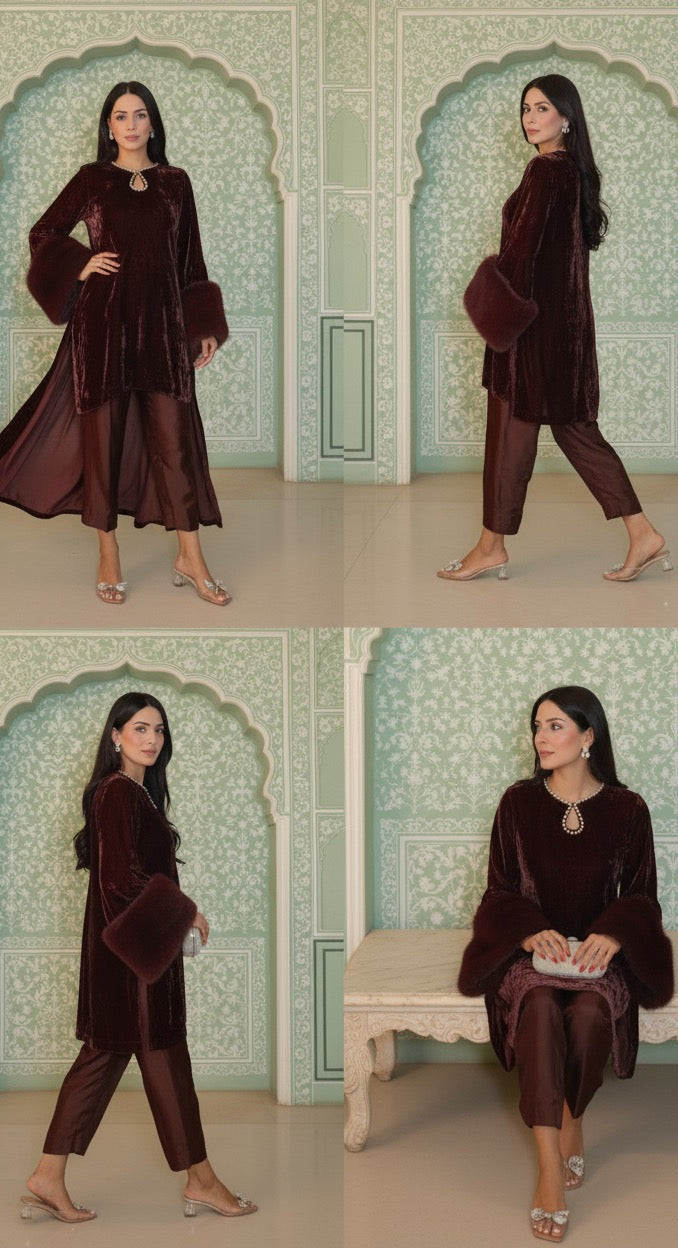 Beautiful Plush Emerald Silk Velvet Top with Silk Bottom Fusioned With Fur Sleeves and Pearl Detailing