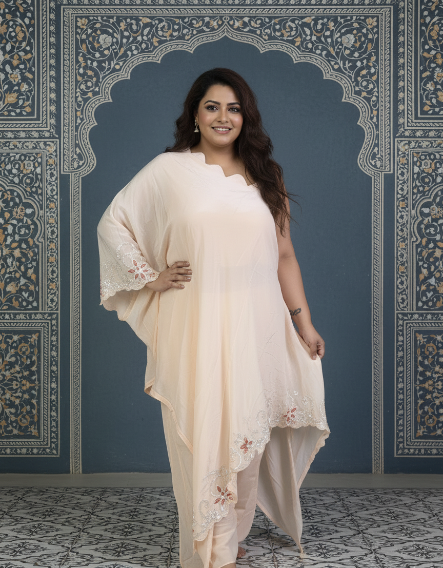 Peach One Shoulder Co-ord Set With Embroidery Over the Borders